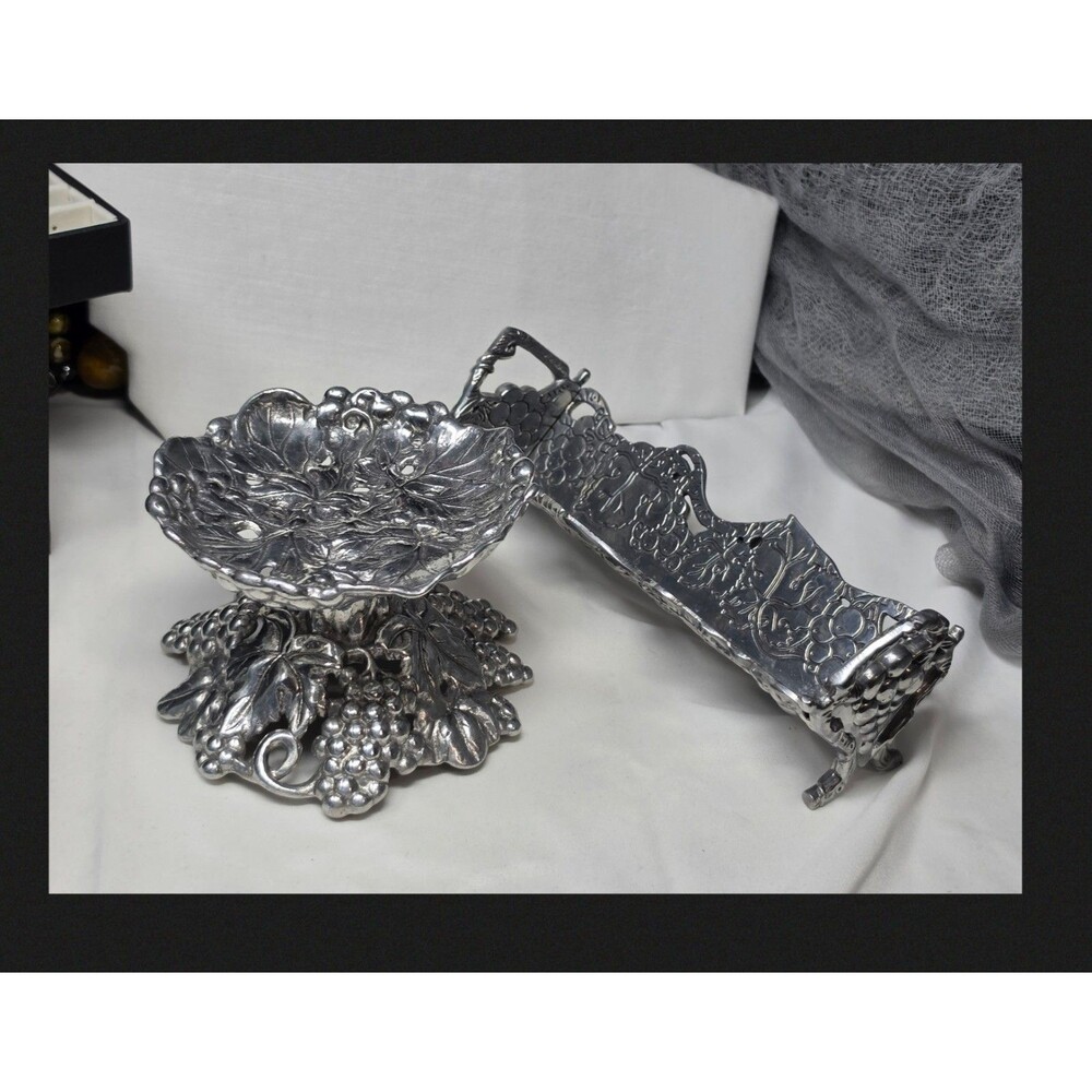 Vintage Arthur Court Grape Vine Lot of 2 Pedestal Candle Holder & Cracker Tray